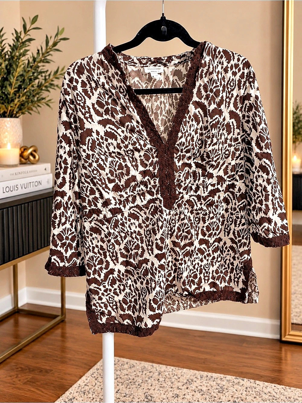 Charter Club Animal Print Cotton Blouse in Brown & White Size 14W